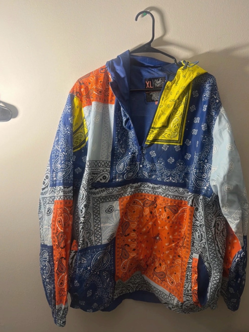 Patchwork Bandana Hooded Pullover - Blue/Orange/Yellow